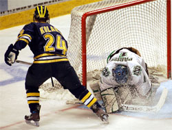 Chad Kolarik (l.) greets Jordan Parise in the crease.