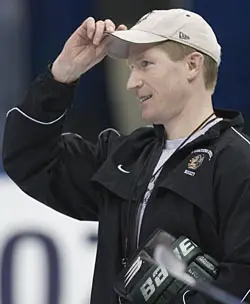 Dave Hakstol at a North Dakota practice during last season's Frozen Four (photo: Melissa Wade).