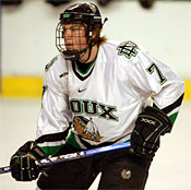 T.J. Oshie helped lead the UND charge against Michigan (photos: Skip Strandberg).