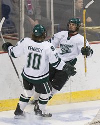 Tim Crowder and Tim Kennedy celebrate Crowder's goal against New Hampshire during last season's NCAA regionals (photo: Melissa Wade).