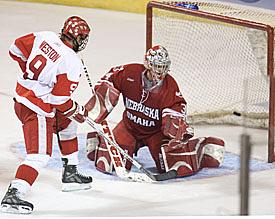 BU sophomore Ryan Weston puts one past UNO netminder Jerad Kaufmann (photos: Melissa Wade).