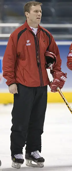Mike Eaves oversees the Badgers' Wednesday skate at the Bradley Center (photo: Melissa Wade).