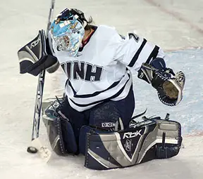 UNH's Melissa Bourdon makes a second period save. (Photo: Josh Gibney)