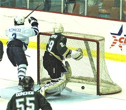 Brett McConnachie celebrates after scoring the winning goal Friday (photo: Douglas Eagan)