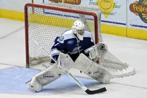 Air Force netminder Andrew Volkening permitted Quinnipiac just two goals last weekend (photo: Angelo Lisuzzo).