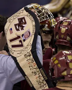 The BC skaters were no match for third-string netminder Adam Reasoner in practice Wednesday, earning Reasoner the title belt (photo: Melissa Wade).