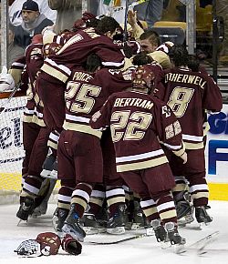 BC celebrates its 2007 Hockey East tournament title (photos: Melissa Wade).