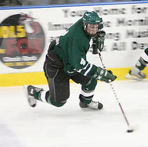 Defenseman Joe Huchko leads Castleton into its first ever semifinal against New England College on Saturday.