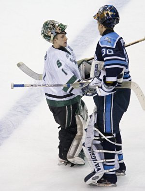 Jeff Lerg and Ben Bishop shake hands after the game. (photo: Melissa Wade)