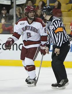 Harvard's Jimmy Fraser expresses his opinion to the officials late in Monday night's game.