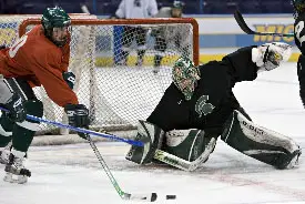 Jeff Lerg (r.) stretches out for a puck Friday at the Scottrade Center (photo: Melissa Wade).