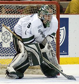 The Spartans' defense ends with netminder Jeff Lerg (photo: Ray Bartnikowski).