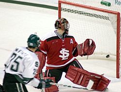 MSU's Jim McKenzie surveys his handiwork, a goal against SLU Friday night (photo: Ray Bartnikowski).