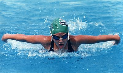 Nicole swims the 200-yard butterfly.