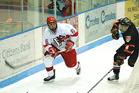 Plattsburgh sophomore defenseman Nick Rolls tallied a goal and two assists against Brockport. (photo: Bill Roberts)