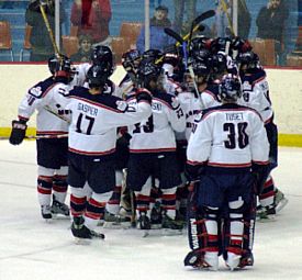 Robert Morris celebrates after beating Air Force in the quarterfinals of last season's CHA tournament (photo: Matt Mackinder).