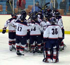 Robert Morris celebrates after beating Air Force in the quarterfinals of last season's CHA tournament (photo: Matt Mackinder). 