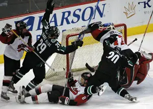 UND's Chris VandeVelde (29) celebrates after scoring versus St. Cloud Friday (photo: Skip Strandberg).