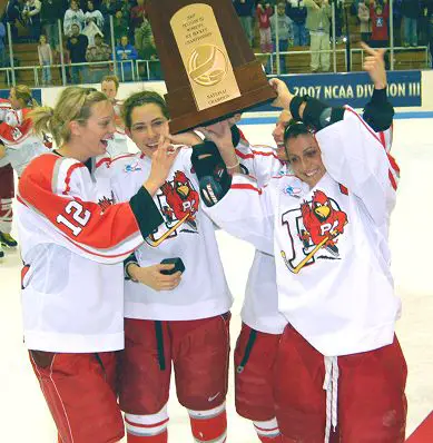 Plattsburgh celebrates with the D-III championship trophy / Bill Roberts