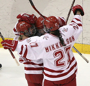 Wisconsin players celebrate Emily Kranz' goal, which proved to be the game-winner. / Ryan Coleman