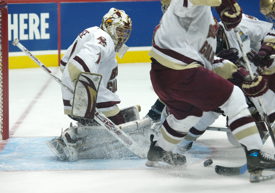 John Muse makes a save against Notre Dame. (photo: Candace Horgan.)