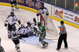 Mercyhurst is credited with a goal before the net is dislodged (photo: Ange Lisuzzo)