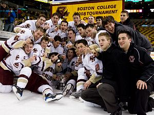 The Boston College Eagles pose with the Beanpot (photo: Melissa Wade).