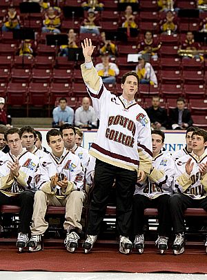 Boston College captain Mike Brennan acknowledges the crowd at the Eagles' reception Monday (photo: Melissa Wade).