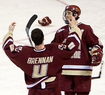 Seniors Dan Bertram and Mike Brennan after the Eagles' win (photo: Melissa Wade).