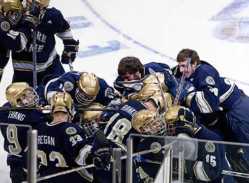 Notre Dame celebrates its overtime win on Thursday night (photo: Melissa Wade.)