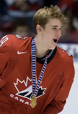 Kyle Turris celebrates his gold medal in the 2008 World Junior Championships. Photo by: Melissa Wade