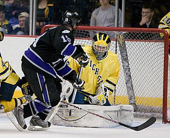 Billy Sauer (here in net against Niagara's Matt Caruana) has made a difference for Michigan this season (photo: Melissa Wade).