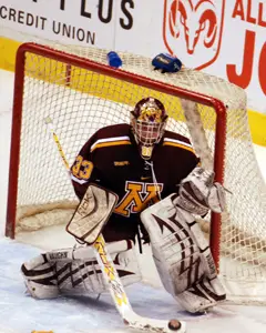 Minnesota's Alex Kangas makes one of his 25 saves Thursday night (photo: Tim Brule).