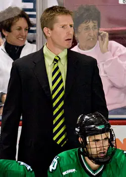 North Dakota coach Dave Hakstol watches his team play to a scoreless, abbreviated tie at Boston College in October (photo: Melissa Wade.)