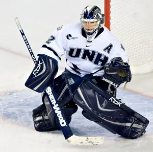 New Hampshire goalie and Hobey Baker finalist Kevin Regan adds the Walter Brown Award to a slew of Wildcat and Hockey East records (photo: Melissa Wade.)