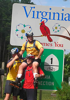 Jason Ortolano, Sean Streich, and Dan Tatar pause at the Virginia border (photos courtesy Dan Tatar.)