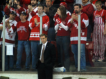 Badger Nation applauds Wisconsin's efforts behind head coach Mike Eaves (photo: Tim Brule).