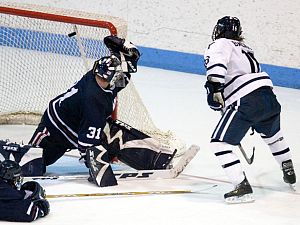 Sean Backman scores the game winner over UMass' Jon Anderson last November (photo: Melissa Wade).