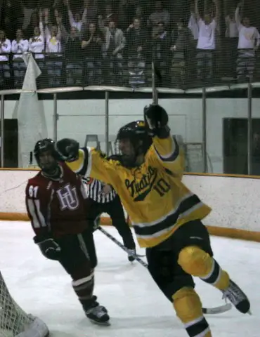 Gustavus Adolphus forward Ross Ring-Jarvi celebrates a Gusties goal (photo: Matthew Webb).