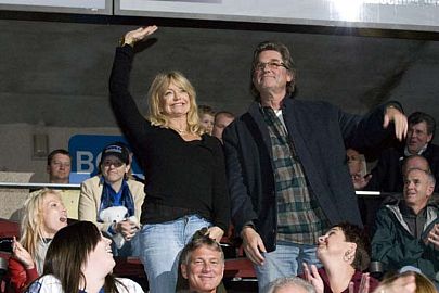 Famous faces were in attendance for Friday's game, part of Parents' Weekend at UAH.  Goldie Hawn and Kurt Russell are the parents of Charger netminder Wyatt Russell (photo: Doug Eagan).