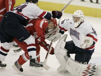 Robert Morris got the better of this exchange, but Ohio State won the game (photo: Robert Morris athletics).