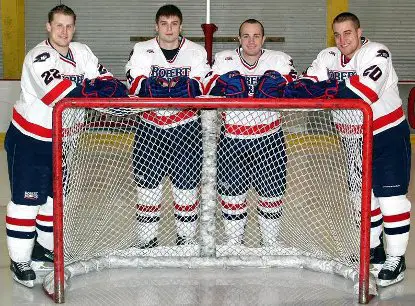 Robert Morris' senior class of (l.-r.) Matt Krug, Jake Obermeyer, Chris Margott and Jason Towsley were honored prior to last Saturday's game against Niagara (photo: Robert Morris University).