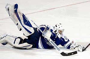 Volkening makes a save during the game against Miami in the NCAA tournament. Photo by Melissa Wade.