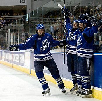Air Force celebrates its second goal of the game, from Jacques Lamoureux (photo: Melissa Wade).