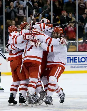 BU celebrates Brian Strait's goal, which gave the Terriers their first lead (photos: Melissa Wade).