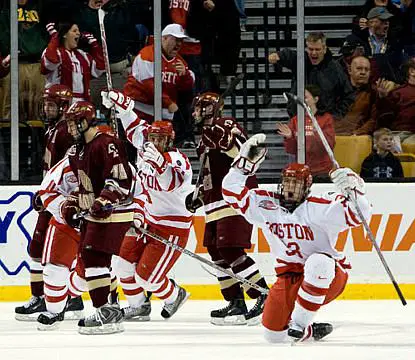 Colin Wilson (front) and teammates are moving on into the Hockey East title game.