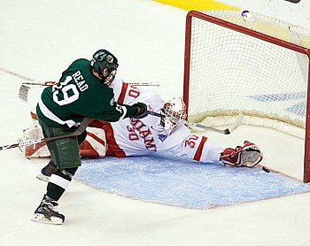 Matt Read scored for Bemidji State, but Miami holds a two-goal lead after two periods (photo: Melissa Wade).