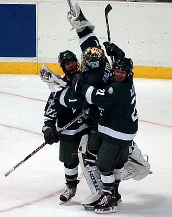 BSU goaltender Matt Dalton celebrates with the Beavers (photos: Christopher Brian Dudek).