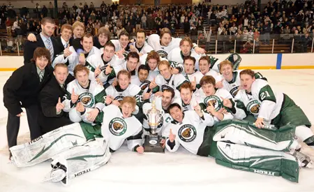 Bemidji State celebrates with the Peters Cup as the CHA regular-season champions (photo: BSU photo services).