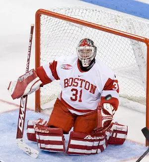 Freshman Kieran Millan is the man between the pipes for No. 1 Boston University (photo: Melissa Wade).